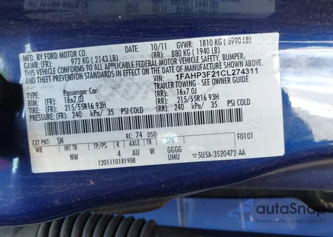 2012 Ford Focus Se из США, поврежденный, VIN 1FAHP3F21CL274311